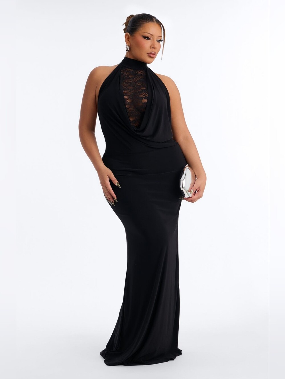 Elegant Black Halter Lace-Front Evening Gown